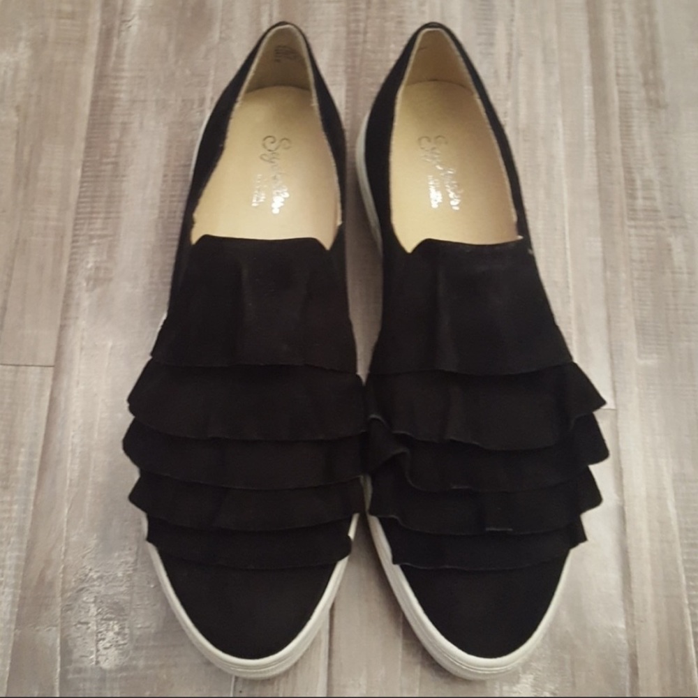 Anthropologie Black Ruffle Suede Sneakers 9